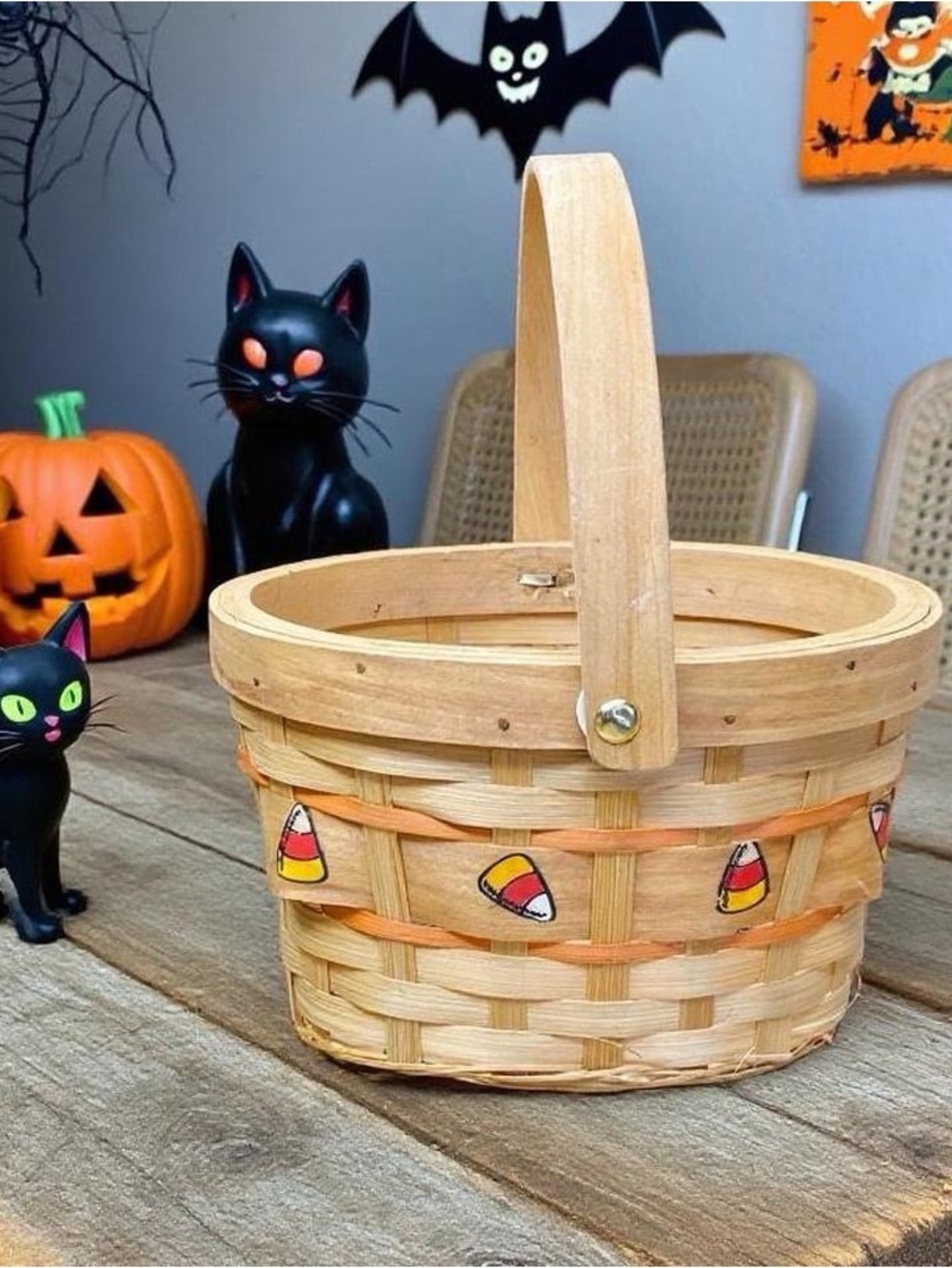 Vintage Small Halloween Fall Candy Corn Wicker Basket